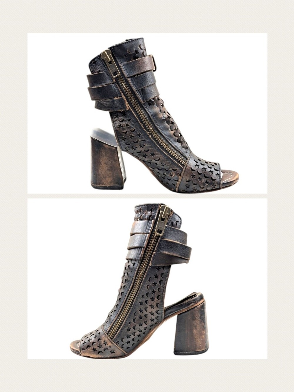 Freebird Theresa Distressed Leather Cutout Peep Toe Block Heel Booties Size 8 - Picture 7 of 12